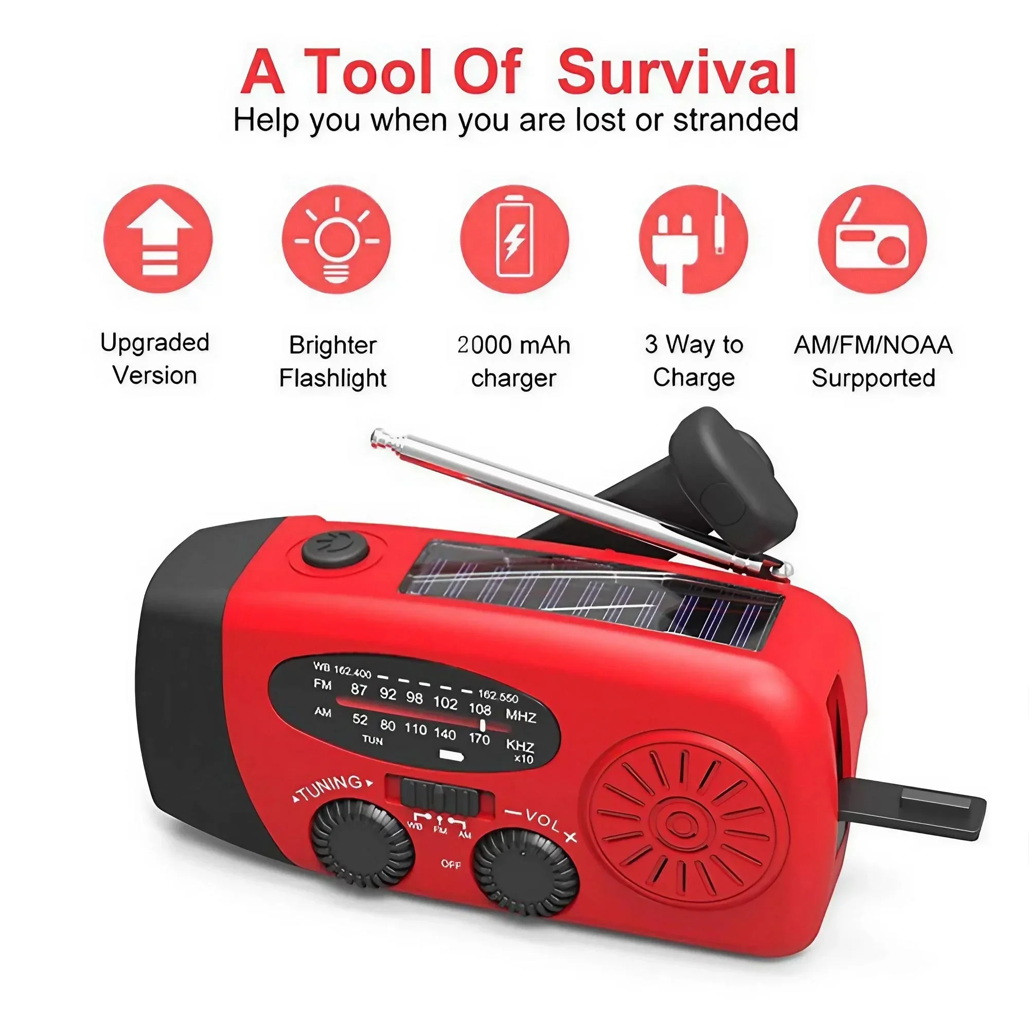 Solar/Hand Crank/USB Charging Radio. Multifunctional Outdoor Radio with LED Flashlight. Emergency Radio for Outdoor Camping. Hiking. Climbing. Emergency. Chargeable - Image 8